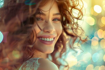 Wall Mural - Closeup of a cheerful woman smiling with warm, bokeh lighting