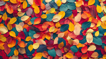 A colorful pile of leaves with a variety of colors including red, yellow