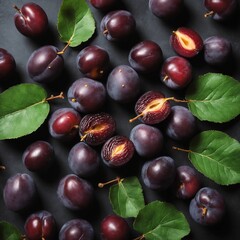 Wall Mural - Fresh plums with green leaves on dark. Food background. Top view