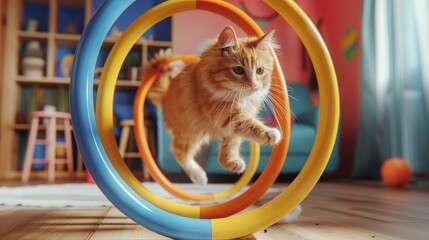 Cat agility training at home, jumping through homemade hoops, playful and active.