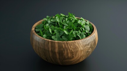 Wall Mural - Fenugreek leaves, dried, in a small wooden bowl.