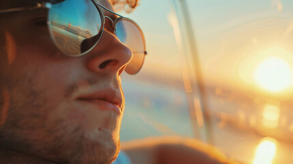 Wall Mural - Portrait of a brutal man in sunglasses on the beach, close-up