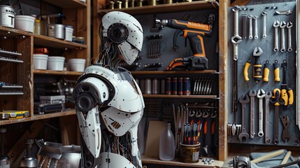 Robot organizing tools in a shed, orderly, practical.