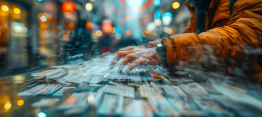 Wall Mural - Closeup of desk with motion blur showing blurred hands typing on a keyboard and moving papers using Macro Photography and Dual ISO to highlight the sense of motion and activity