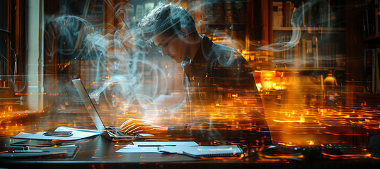 Wall Mural - Closeup of desk with motion blur showing blurred hands typing on a keyboard and moving papers using Macro Photography and Dual ISO to highlight the sense of motion and activity