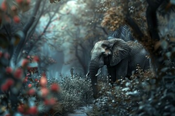 Canvas Print - Majestic elephant strolling through an enchanted, mystical forest at dusk, surrounded by foggy, ethereal atmosphere and vibrant, lush greenery