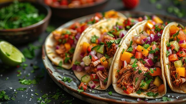 an ultra realistic photo of a plate with pulled pork tacos, being held up by a hand, modern kitchen background, studio lighting