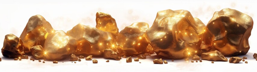 Golden stones set on gold isolated, transparent , gold nuggets collection, yellow metal rocks samples texture, gold mine, gold ore, group of shiny golden lumps, rough natural mineral gold chunk