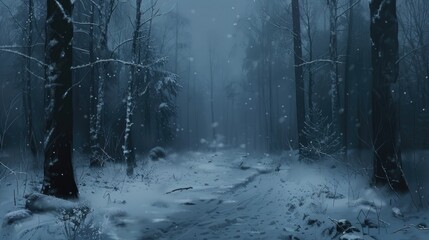 Wall Mural - Snowy day in the forest with a somber atmosphere