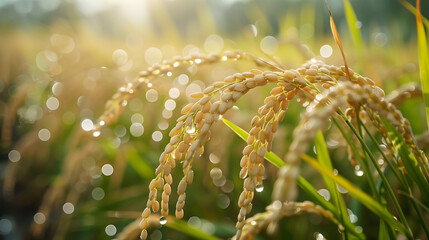 Wall Mural - Rice plants were growing in the rice field, rice grains hanging on leaves and branches