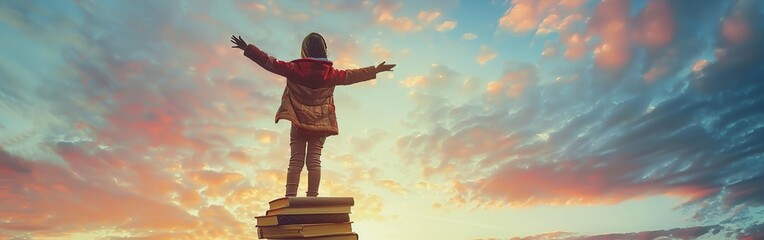 Wall Mural - girl stands triumphantly atop a tall stack of books arms outstretched against a vibrant sunset sky Back to school Happy cute industrious child stands on the tower of books on background of sunset sky