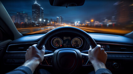 driver is driving car, view from cab of busy street of night city, modern metropolis, skyscrapers, traffic on road, street lights