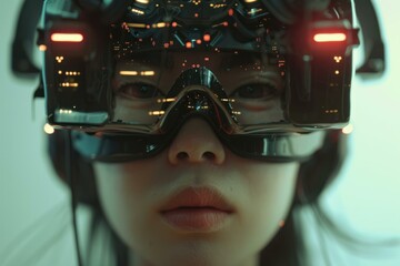 Sticker - Closeup of a woman with a virtual reality headset on, immersed in a digital world