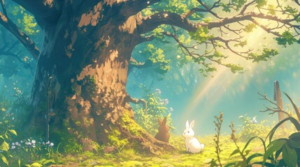 A picturesque scene unfolds in the forest glade with a charming bunny family of three the caring mom the devoted dad and their adorable baby bunny It epitomizes all the beauty of spring and