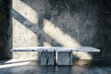 Sticker - Elegant white marble bench with sun rays casting shadows in a textured gray concrete interior