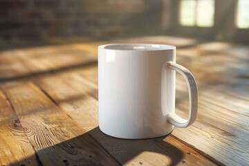 Sticker - Serene image of a white mug bathed in sunlight on a rustic wooden table