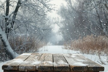 Poster - Stunning winter wonderland table view with snowy forest backdrop, wooden landscape, and serene snowflakescovered nature, creating a tranquil and peaceful scene reminiscent of a magical fairytale