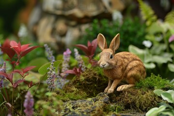 Poster - Charming bunny sits on a mossy rock in a vibrant garden, surrounded by colorful flora