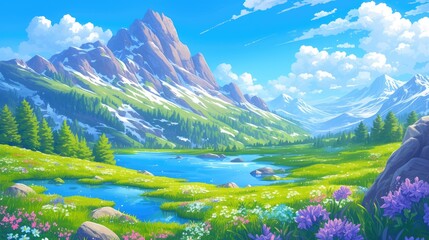 Canvas Print - Experience a captivating spring mountain scenery adorned with a serene lake and vibrant flowers in this 2d cartoon depiction featuring magnificent rocky peaks lush green hills a tranquil val
