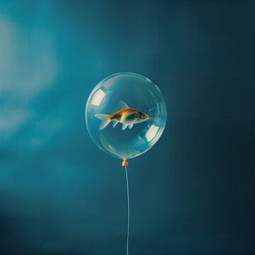 Goldfish in a balloon flying isolated on a pastel blue background. Creative, minimal concept.