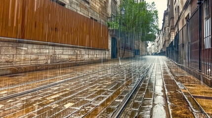 Poster -   A city street is soaked with rainwater, and in the foreground you can see a train track, while tall trees are situated on the opposite side of the road