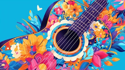 Illustration of a vibrant Mexican guitar adorned with traditional floral patterns This brightly colored wooden musical instrument features strings for playing beautiful melodies This hand d