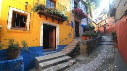 Poster -   A cobblestone road with potted plants on balconies and flowers on railings