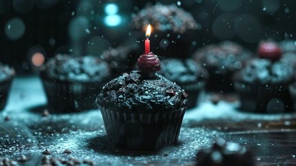 Sticker -   A cupcake with a candle on top, surrounded by other cupcakes on a table