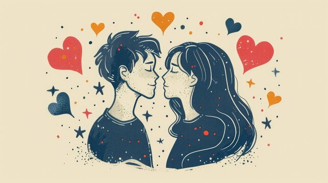 drawing of a man and woman in love. hearts and doodled stars and hearts all around. minimal 