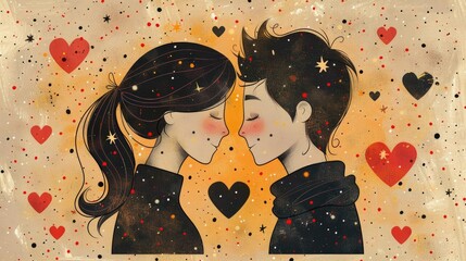 Wall Mural - drawing of a man and woman in love. hearts and doodled stars and hearts all around. minimal style