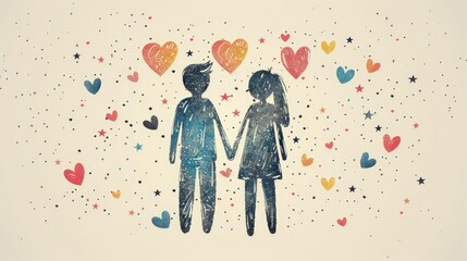 Wall Mural - drawing of a man and woman in love. hearts and doodled stars and hearts all around. minimal style
