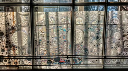 Sticker -   A window sill clock is seen in a close-up of a window with numerous water droplets on the glass