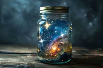 Wall Mural - Captivating image illustrating a galaxy scene contained within a glass mason jar against a dark backdrop