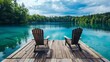 © Nijat - Two Adirondack chairs are positioned on a wooden dock, facing a serene, blue lake