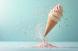 © Francesca Parità - sfondo di gelato a vaniglia cremoso sospeso in aria su sfondo turchese con esplosione di confetti colorati