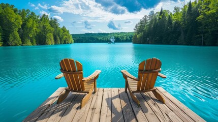 two adirondack chairs are positioned on a wooden dock, facing a serene, blue lake