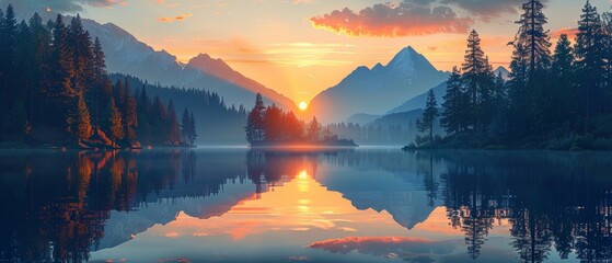 Beautiful sunrise over serene mountain lake with reflections of pine trees and misty hills, creating a tranquil and picturesque scene.