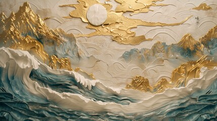 Wall Mural - Volumetric Japanese landscapes with mountains and golden elements.