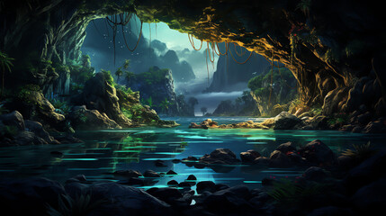 Wall Mural - A magical forest with blue water and a stone structure in front of a large tree.