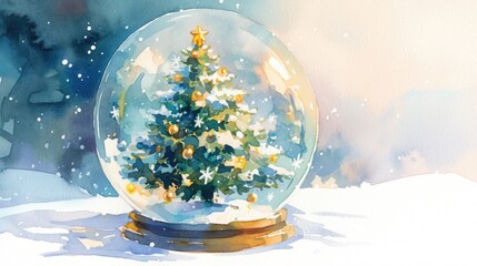 Wall Mural - A charming Christmas tree adorns this watercolor snow globe bringing a festive touch to your holiday decor