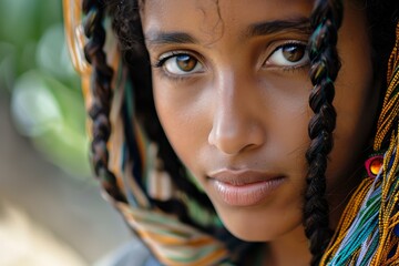 Poster - Intense gaze of a woman with colorful braids framing her face, highlighted by natural light