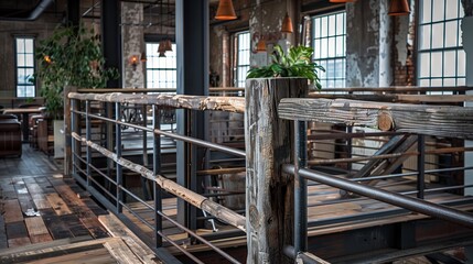 Industrial-style balustrade of raw steel and rough wood adds robust, rustic charm to a repurposed factory loft.