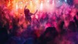 © olga_demina - Vibrant concert crowd with hands raised under colorful watercolor lighting. Captures the energy and artistic expression of live music events and festivals.