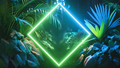 Wall Mural - tropical plants illuminated with green and blue fluorescent light jungle environment with diamond shaped neon frame