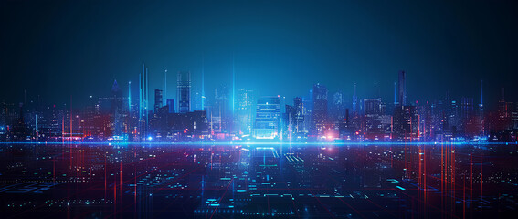 Wall Mural - vector illustration urban architecture, cityscape with space and neon light effect. modern hi-tech, 