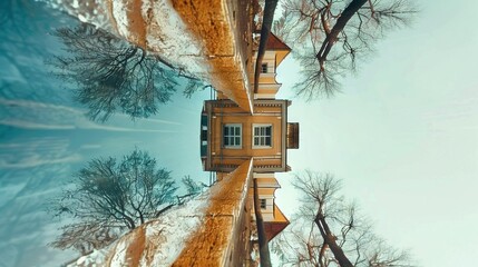 Poster -  Forest house, snowy grounds, trees, blue sky