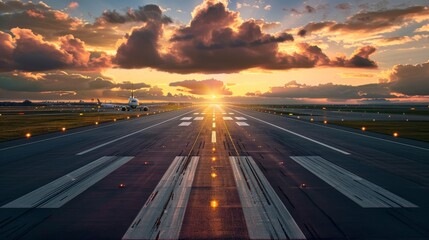 Wall Mural - An airport runway lit by the evening sunset, ready for planes to land or take off