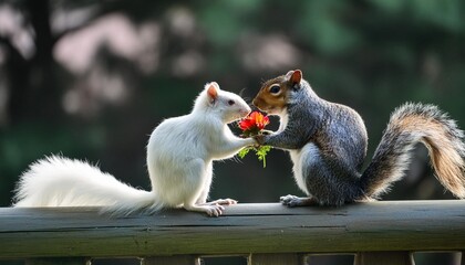Wall Mural - cute squirrel offering a flower gift to its lover fun wildlife love and valentine s day greeting card