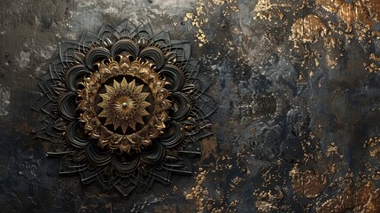 Volumetric mandala on a dark background with golden elements.