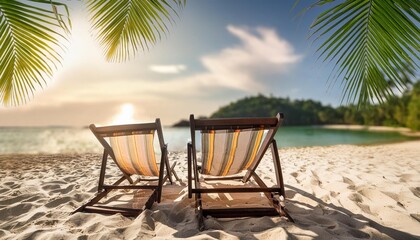 two stylish beach chairs on idyllic tropical white sand beach